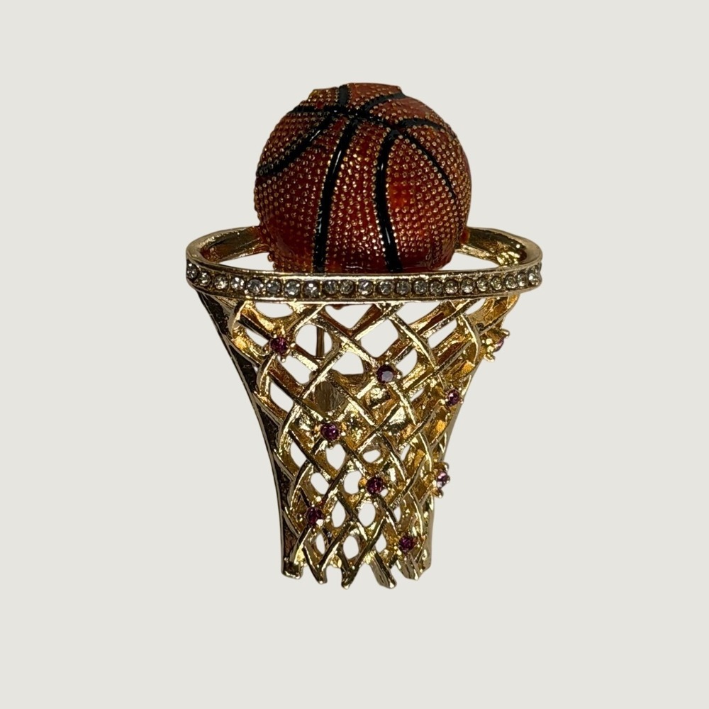 Gold Tone Basketball Hoop Brooch Rhinestone Enamel Sport Novelty Pin